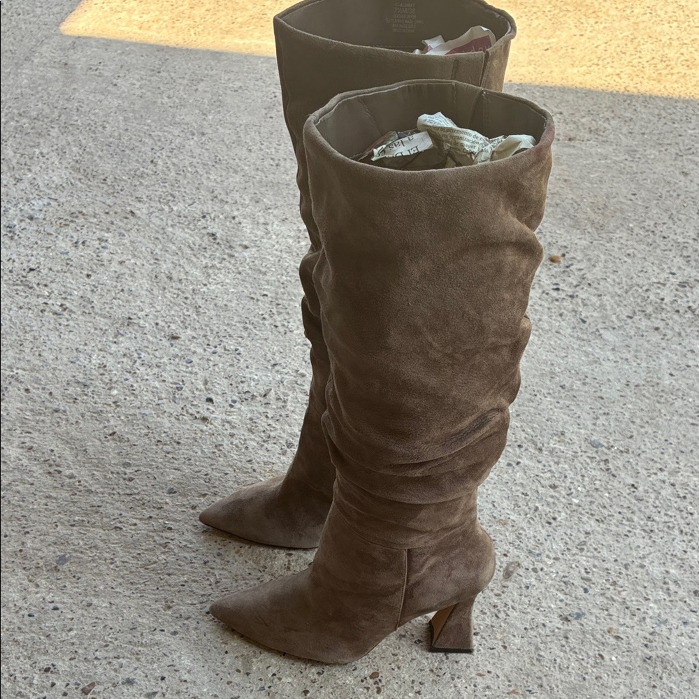 Vince Camuto Taupe Slouchy Pointed-Toe Suede Heeled Boots - Picture 3 of 14